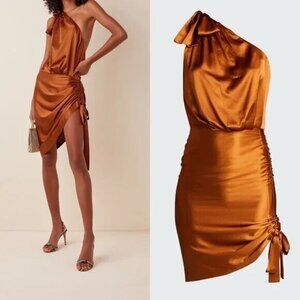 Retrofête Womens Nadia One Shoulder Stretch Silk Mini Dress Ruched Bronze Large
